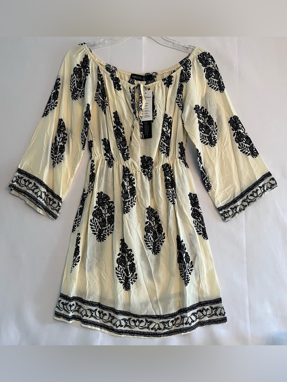 NWT Zanzea Boho Floral Printed Off-Shoulder Mini Dress Ivory Black